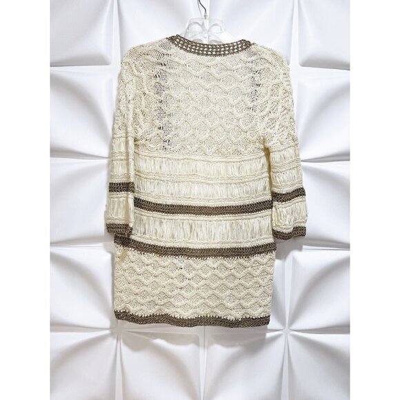 Chico's 0 Sz S Ivory Metallic Bronze Open Woven Stretch Crochet Cardigan Sweater - Picture 5 of 8